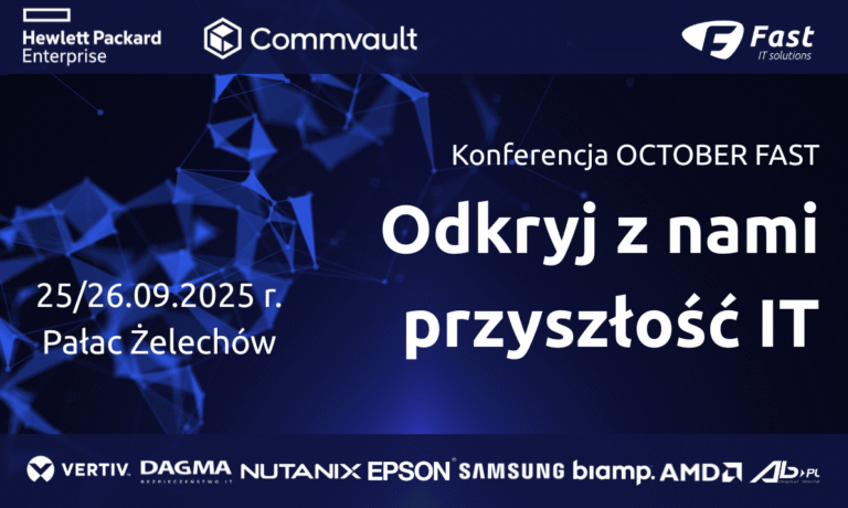 granatowe tło z jaśniejszymi akcentami z napisem Konferencja October fast Odkryj z nami przyszłość IT 24/26.09.2025 r. Pałac Żelechów